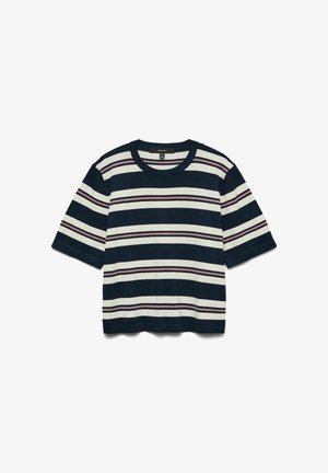 Haut en maille à manches courtes avec des rayures horizontales bleu marine, blanches et fines roses, col rond et ourlet droit.