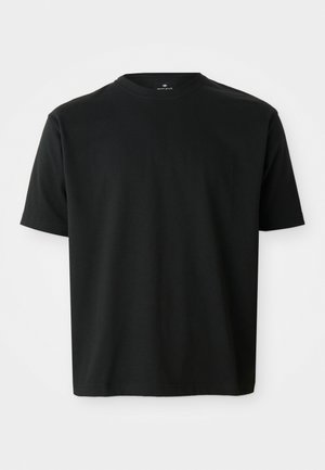 Black short-sleeve t-shirt made of cotton. Features a round neckline and a straight cut. Simple design with no visible patterns or accents.