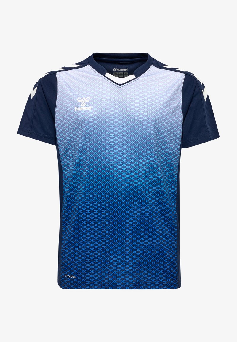Blå gradient sportsjersey med korte ærmer, v-udskæring og geometrisk mønster. Lavet af åndbart materiale med logo accenter.