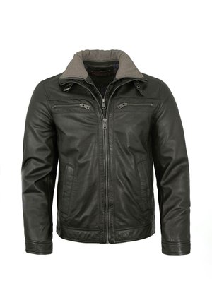 Schwarze Lederjacke mit grauem Kragen, ausgestattet mit Reißverschlusstaschen und einem Reißverschluss vorne. Glatte Textur mit tailliertem Schnitt.