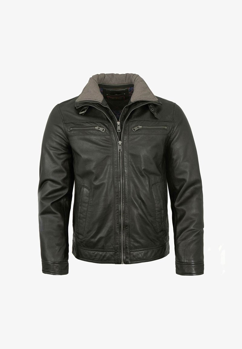 Schwarze Lederjacke mit grauem Kragen, ausgestattet mit Reißverschlusstaschen und einem Reißverschluss vorne. Glatte Textur mit tailliertem Schnitt.