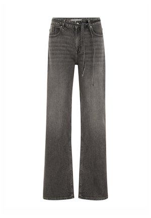 Černé lehce oprané džíny s vysokým pasem, širokými nohavicemi, předními kapsami, poutky na pásek a látkovým vázaným pásem v pase.