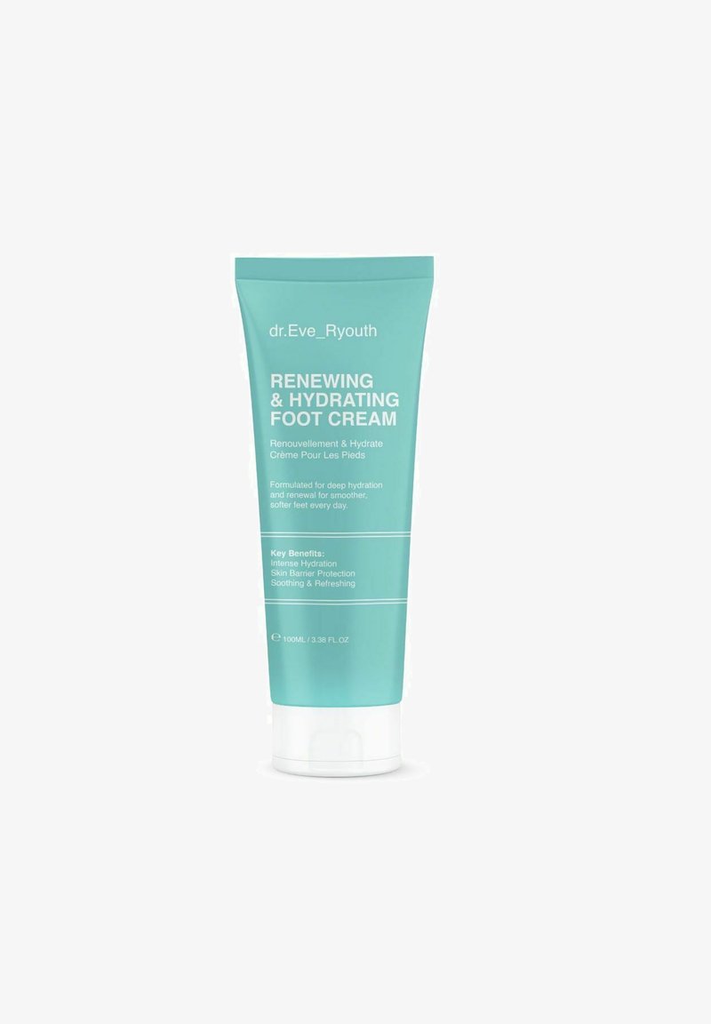 Turquoise tube packaging of foot cream with white accents. Text highlights product name, benefits, and volume (100ML). Smooth, matte finish.