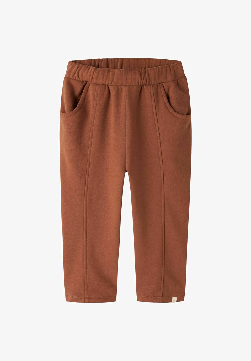 Pantalon marron pour tout-petit avec taille élastique, deux poches avant et jambes droites, en tissu doux.