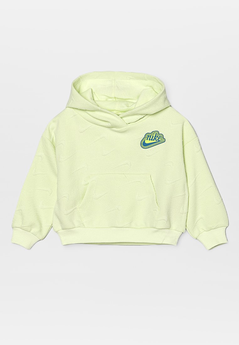 Hoodie vert clair en matière texturée, avec une poche avant et un logo Nike en bleu et jaune. Comprend une capuche avec cordon de serrage et des poignets côtelés.