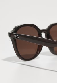 Lunettes de soleil Ray-Ban avec des verres marron foncé et une monture octogonale noire et brillante. Présente un logo de marque sur la branche.