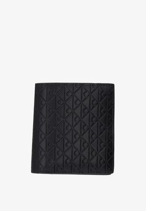 Portefeuille en cuir noir avec motif géométrique embossé de losanges et de demi-cercles, présenté fermé sur un fond blanc.