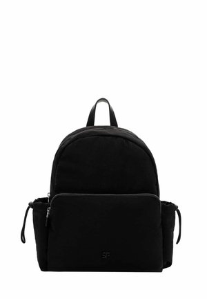 Black backpack made of fabric, featuring a rounded shape, two zippered compartments, and adjustable side drawstrings. Subtle logo on the front.