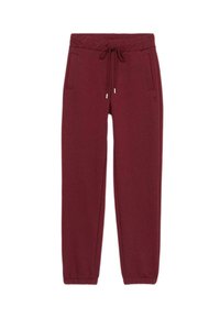 Burgunderfarbene Sweatpants aus weichem Material, mit elastischem Bund und Kordelzug, zwei Seitentaschen und Bündchen an den Knöcheln.