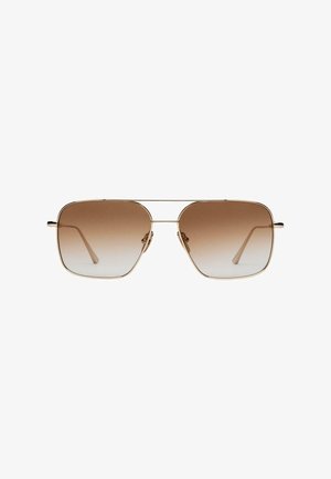 Aviator-Sonnenbrillen mit braunen Verlaufsgläsern, dünnem goldenen Metallrahmen und geraden Bügeln. Minimalistisches Design und glatte Oberfläche.