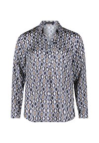 Camicia con bottoni in tessuto leggero, caratterizzata da un motivo geometrico di ovali in tonalità blu navy, crema e beige. Maniche lunghe e design con colletto.
