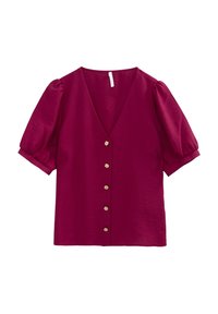 Magenta Bluse mit V-Ausschnitt und kurzen Puffärmeln. Verziert mit goldenen, blumenförmigen Knöpfen entlang der Vorderseite. Strukturierter Stoff mit glatter Oberfläche.