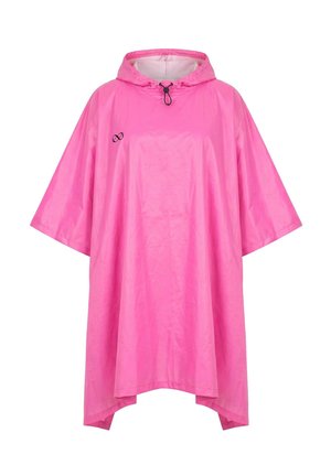 Poncho impermeable de color rosa brillante con mangas cortas y anchas, capucha, cordón negro con presilla ajustable y pequeño símbolo de infinito negro en el pecho.