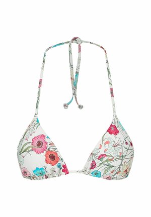Biely trojuholníkový top od bikín so zaväzovaním za krk a farebnou kvetinovou potlačou s ružovými, červenými a modrými kvetmi a zelenými listami.