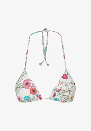 Hvid trekantet bikini top med halterneck bindebånd og farverigt blomsterprint med pink, røde og blå blomster med grønne blade.