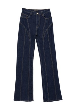 Dunkelblaue Denim-Jeans mit weitem Bein, featuring geschwungene Steppnähte, zwei Fronttaschen und einen Knopfverschluss vorne.