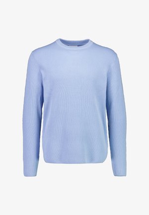 Hellblauer, gerippter Pullover mit langen Ärmeln und Rundhalsausschnitt. Die Textur ist weich und die Passform ist lässig, ideal zum Schichten.