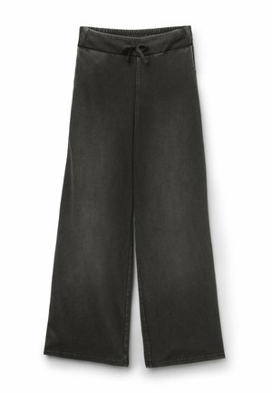 Schwarze Weithose mit elastischem Bund und Kordelzug, ausgestattet mit Seitentaschen und legerem Schnitt.