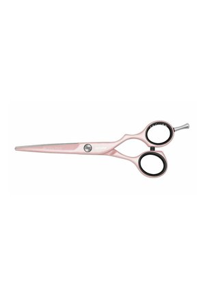 Pink professional hairdressing scissors with black finger rings, adjustable screw, and ergonomic curved handle on a white background.