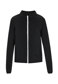 Giacca nera con zip frontale, colletto alto, due tasche laterali, maniche lunghe e dettagli in zip bianca. Texture liscia e design aderente.