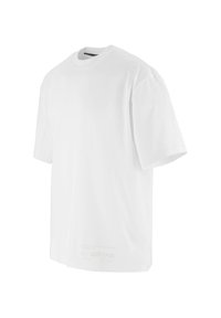 White T-shirt made of cotton, featuring a crew neck, short sleeves, and a loose fit. Contains brand logo printed near the hem.