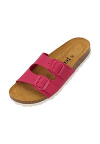 Infradito rosa con due fibbie regolabili, plantare in sughero, superficie texturizzata e suola in gomma bianca. Finitura liscia, design casual.