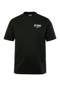 Schwarzes Baumwoll-T-Shirt mit kurzen Ärmeln, Rundhalsausschnitt und weißem Aufdruck "JP1880" auf der linken Brust. Weicher Stoff und klassischer Schnitt.