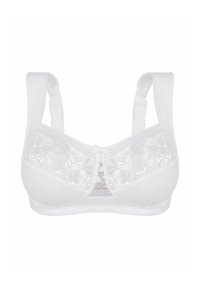 Soutien-gorge blanc avec un panneau en dentelle au motif floral, larges bretelles réglables et un petit nœud au centre devant.