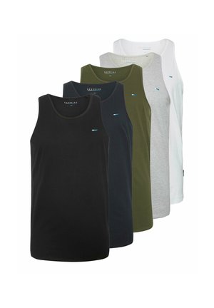Fem ærmeløse tanktops i sort, mørkeblå, olivengrøn, lysegrå og hvid, arrangeret overlappende på række.