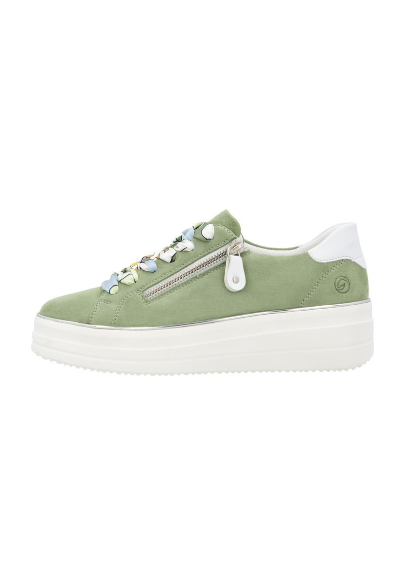 Green suede sneaker with white accents, a zip closure on the side, and decorative flower appliqués along the laces. Chunky platform sole.