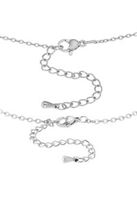 Collana in metallo argentato con chiusura a moschettone, caratterizzata da maglie di dimensioni diverse, una texture liscia e una finitura lucida. Include un piccolo prolungatore.