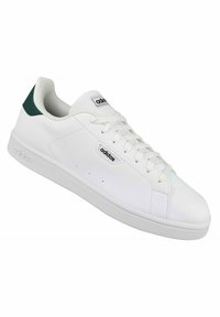 Sneaker in pelle bianca con linguetta verde sul tallone, punta rotonda, suola piatta e chiusura con lace-up, caratterizzata da tre perforazioni sul lato.