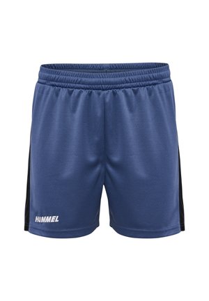 Marineblaue Sportshorts mit strukturiertem Finish, elastischem Bund und schwarzen Seitenpanelen. Mit weißem "HUMMEL"-Logo auf der Vorderseite.