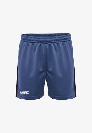 Marineblaue Sportshorts mit strukturiertem Finish, elastischem Bund und schwarzen Seitenpanelen. Mit weißem "HUMMEL"-Logo auf der Vorderseite.