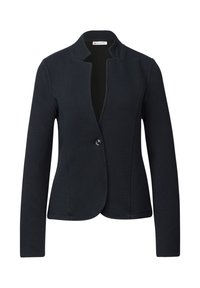 Blazer bleu marine à coupe ajustée, texture côtelée, et fermeture à un seul bouton. Doté d'un col châle et de manches longues.