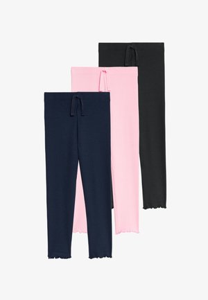 Tre paia di leggings: blu navy, rosa e neri. Materiale misto cotone, design aderente, cintura elastica con cordino, orli scallop.