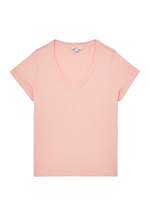 Šviesiai rožinė trumpomis rankovėmis marškinėliai su V formos apykakle, sulankstytomis rankovėmis ir vientisu dizainu.