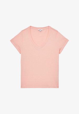 Hellrosa T-Shirt mit kurzen Ärmeln, V-Ausschnitt, umgeschlagenen Ärmeln und schlichtem Design.