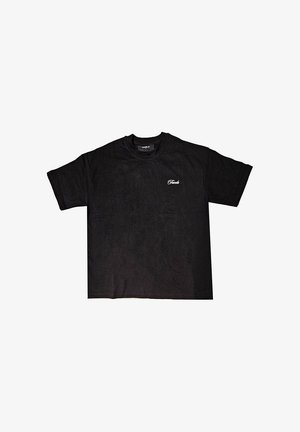 Black cotton t-shirt with a relaxed fit, crew neck, and short sleeves. Features a small white logo on the left chest area.