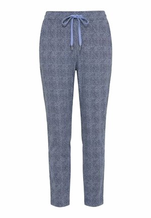 Modré šedé vzorované volnočasové kalhoty s předním stahováním na šňůrku a elastickým pasem, rovný střih nohavic.
