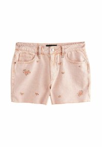 Pantalones cortos de mezclilla en rosa claro con acentos de bordado floral. Cuenta con cinco bolsillos, trabillas para el cinturón y un cierre de botón. Bordes desgastados en el dobladillo.