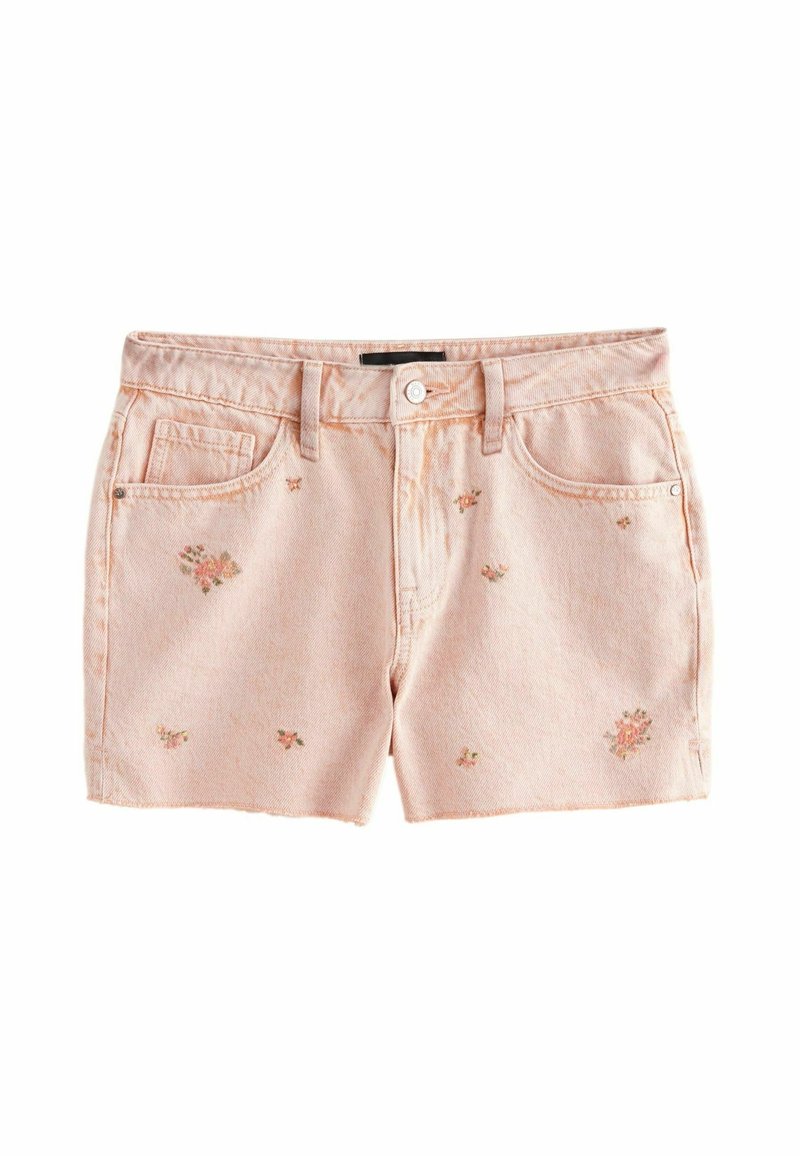 Pantalones cortos de mezclilla en rosa claro con acentos de bordado floral. Cuenta con cinco bolsillos, trabillas para el cinturón y un cierre de botón. Bordes desgastados en el dobladillo.