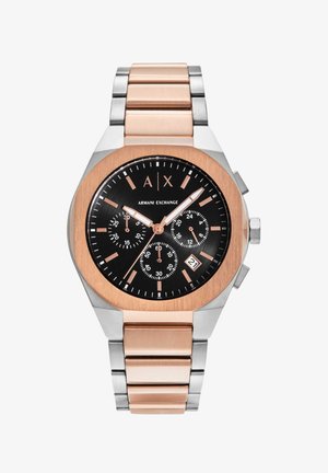 Montre chronographe pour hommes avec un cadran noir, un bracelet en acier inoxydable argenté et en or rose, et un boîtier octogonal. Comprend trois sous-cadrans et un affichage de la date.