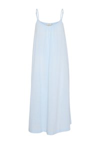 Abito senza maniche di colore azzurro chiaro, realizzato in un tessuto morbido e con una vestibilità ampia. Presenta spalline sottili e un colletto arricciato. Nessun motivo o accentuazione.