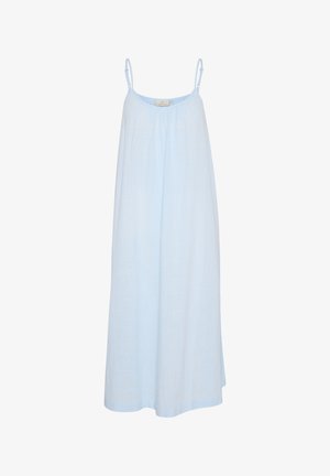 Heledad siniste värvi kleit pehmest kangast, millel on lahtine lõige. Omab õhukesi rihmu ja kokku volditud kaelust. Ilma mustrite või aktsentideta.