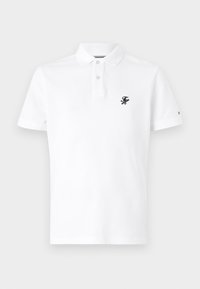 White polo shirt made from cotton, featuring a three-button placket and a small black embroidered logo on the left chest. Short sleeves.