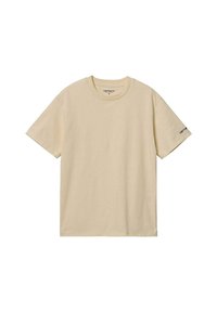 Camiseta de algodón beige con escote redondo, mangas cortas y un corte relajado. Presenta un logo sutil impreso en la manga izquierda.