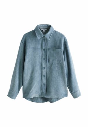 Chemise en velours côtelé bleu sarcelle à manches longues avec col, boutons sur le devant et une seule poche poitrine, présentée sur fond blanc.
