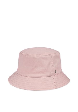 Light pink cotton bucket hat with stitched brim and a small metal logo on the side.