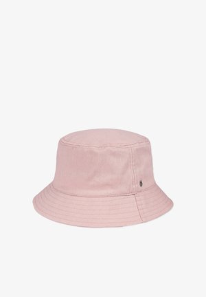 Light pink cotton bucket hat with stitched brim and a small metal logo on the side.